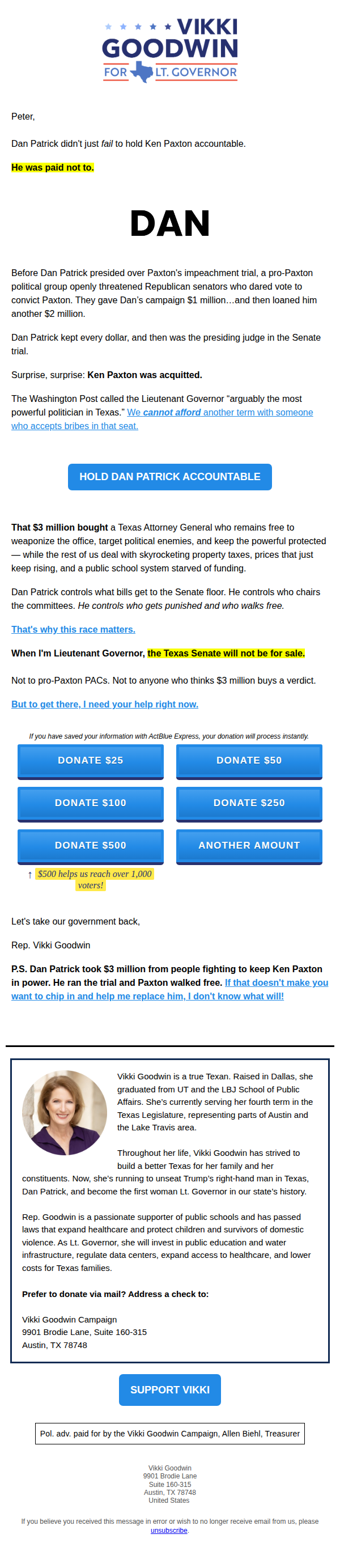 Screenshot of email: Dan Patrick gave us Ken Paxton