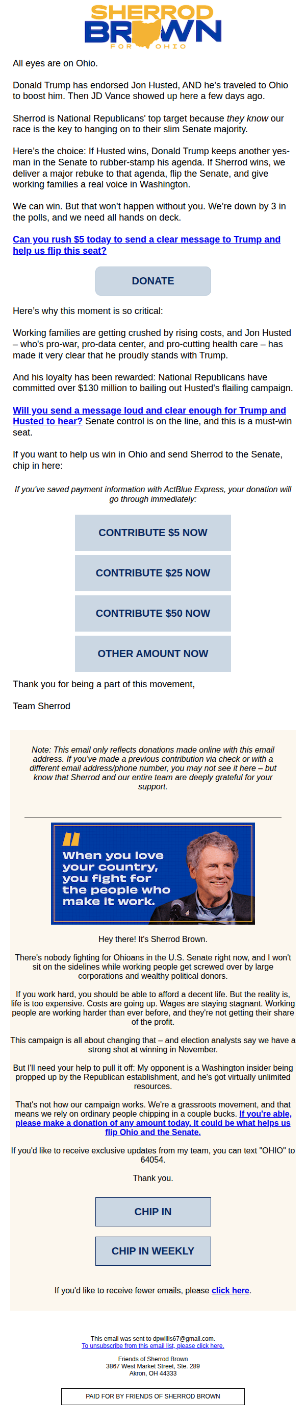 Screenshot of email: Don’t look away: Ohio is Democrats’ 51st seat in the Senate
