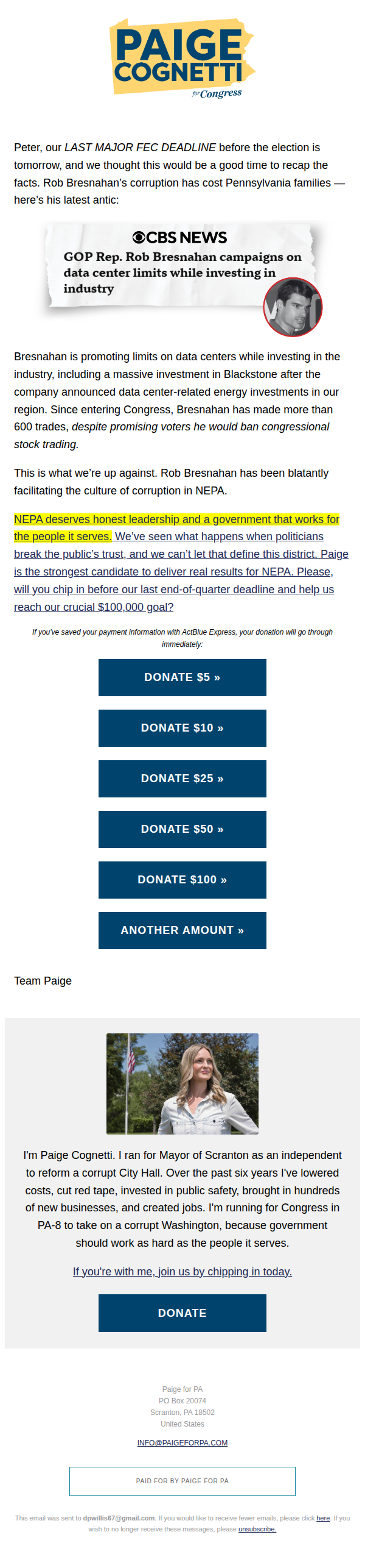 Screenshot of email: Rob Bresnahan flip-flopped again