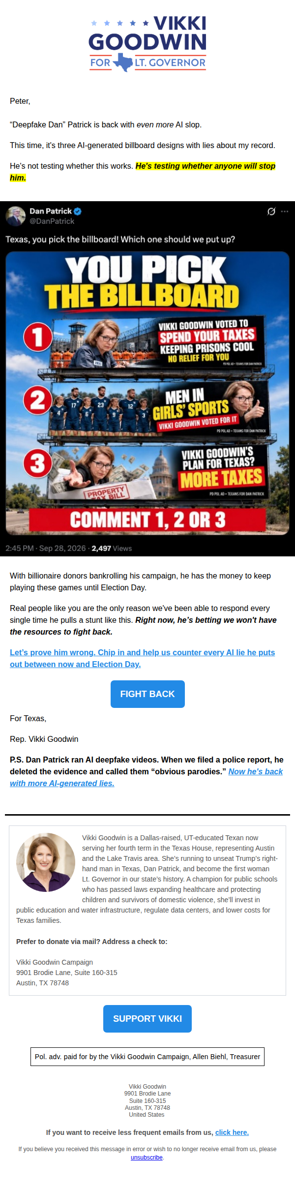 Screenshot of email: Deepfake Dan’s billboard
