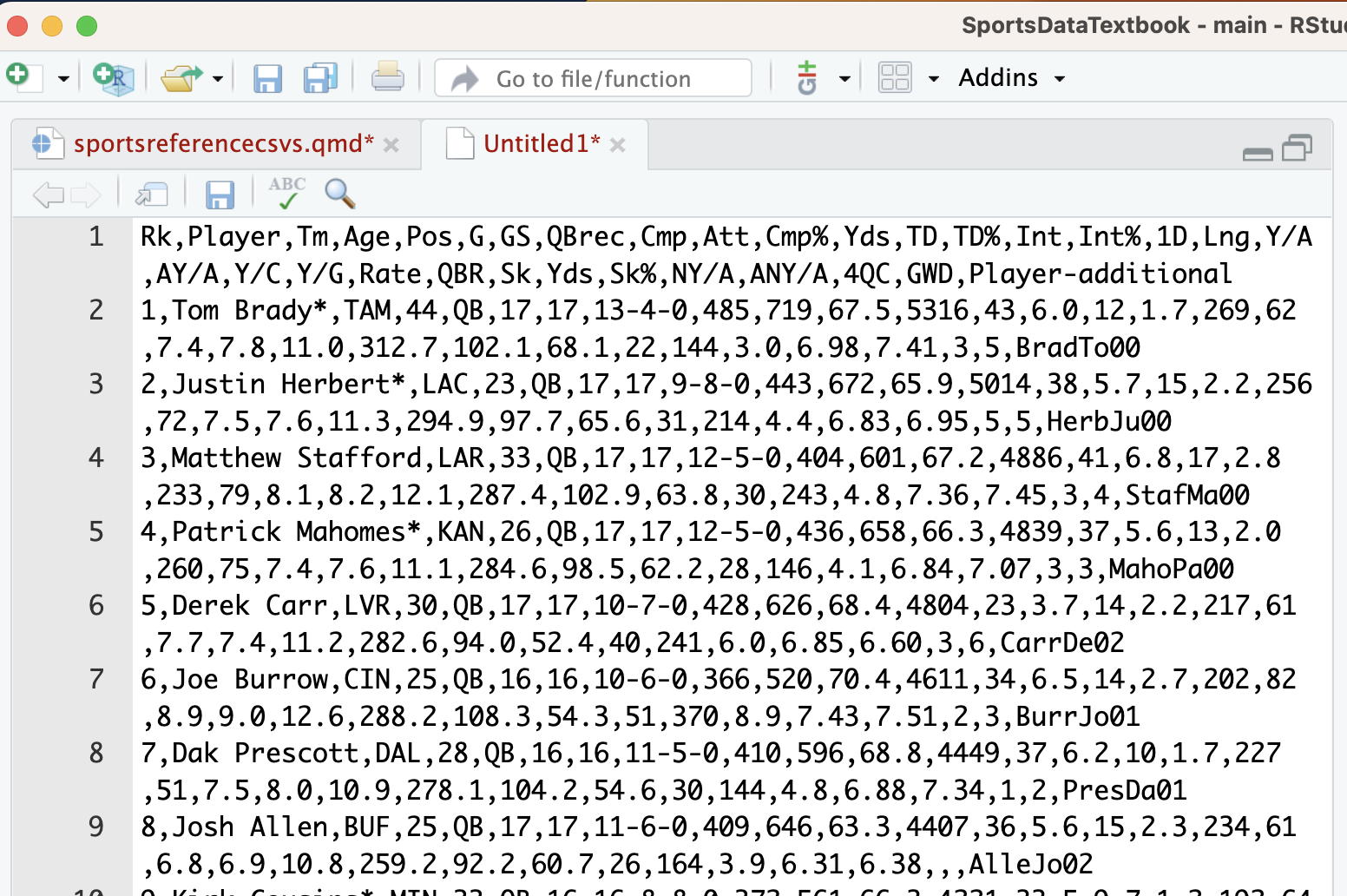 A view of data pasted in Atom with the first row highlighted.